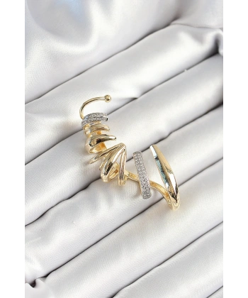 Pirinç Zirkon Taş Kaplamalı Sarmal Figürlü Gold Renk Kadın Sağ Kıkırdak Küpe