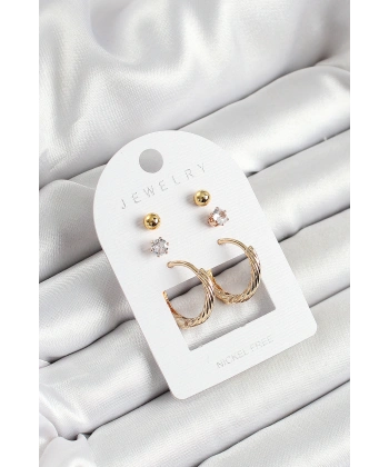 Pirinç Zirkon Taş Ve Halka Figürlü Gold Renk 3lü Çift Kadın Küpe Set