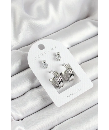 Pirinç Zirkon Taş Ve Halka Figürlü Gümüş Renk 3lü Çift Kadın Küpe Set