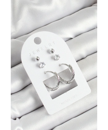 Pirinç Zirkon Taş Ve Halka Figürlü Gümüş Renk 3lü Çift Kadın Küpe Set