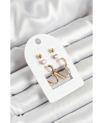 Pirinç Zirkon Taş Ve Kalp Figürlü Gold Renk 3lü Çift Kadın Küpe Set