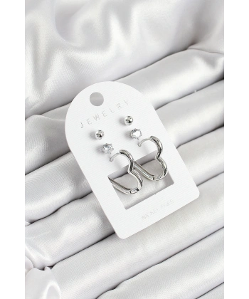 Pirinç Zirkon Taş Ve Kalp Figürlü Gümüş Renk 3lü Çift Kadın Küpe Set