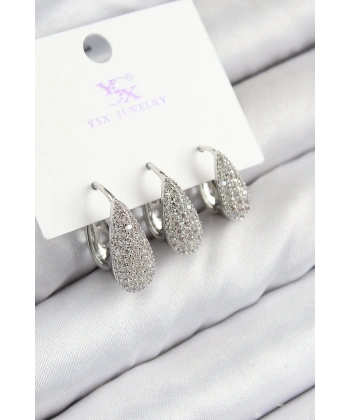 Pirinç Zirkon Taşlı 3lü Damla Model Gümüş Renk Kadın Küpe