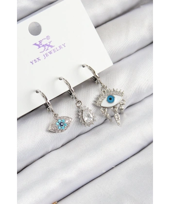 Pirinç Zirkon Taşlı 3lü Fatmanın Gözü Model Gümüş Renk Kadın Küpe