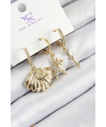 Pirinç Zirkon Taşlı 3lü İstiridye Ve Yıldız Model Gold Renk Kadın Küpe