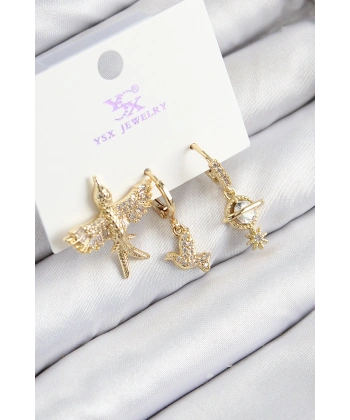 Pirinç Zirkon Taşlı 3lü Kuş Model Gold Renk Kadın Küpe