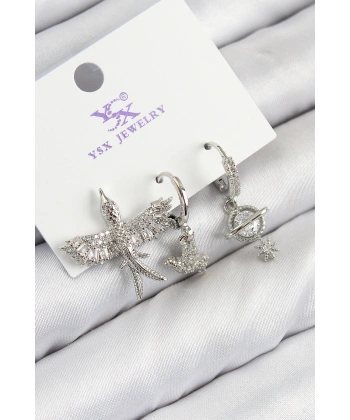 Pirinç Zirkon Taşlı 3lü Kuş Model Gümüş Renk Kadın Küpe