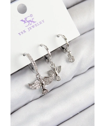 Pirinç Zirkon Taşlı 3lü Kuş Model Gümüş Renk Kadın Küpe