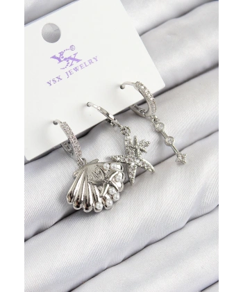 Pirinç Zirkon Taşlı 3lü Yıldız Ve İstiridye Model Gümüş Renk Kadın Küpe