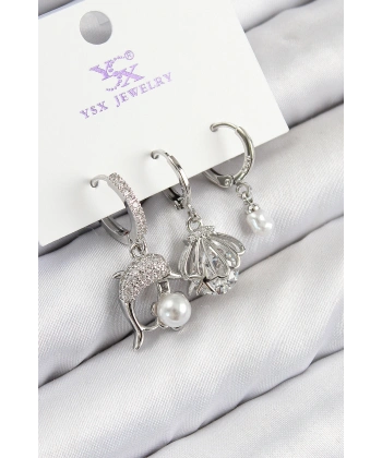 Pirinç Zirkon Taşlı 3lü Yunus Balığı Ve İstiridye Model Gümüş Renk Kadın Küpe