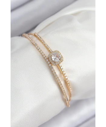Pirinç Zirkon Taşlı Baget Model Gold Renk Kadın Bileklik