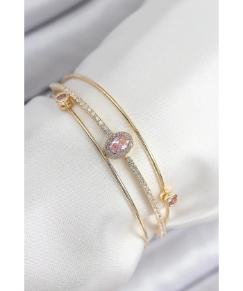 Pirinç Zirkon Taşlı Baget Model Gold Renk Kadın Bileklik