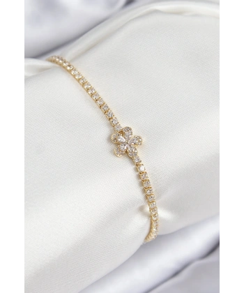 Pirinç Zirkon Taşlı Çiçek Model Gold Renk Kadın Bileklik