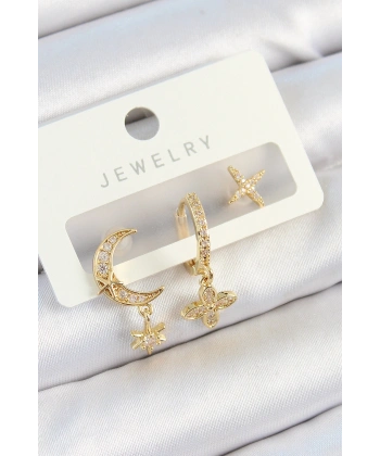 Pirinç Zirkon Taşlı Çiçek Ve Ay Model Gold Renk 3lü Çift Kadın Küpe Set