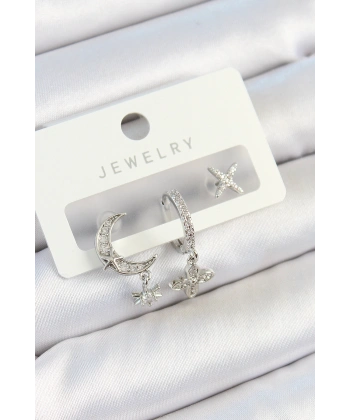 Pirinç Zirkon Taşlı Çiçek Ve Ay Model Gümüş Renk 3lü Çift Kadın Küpe Set