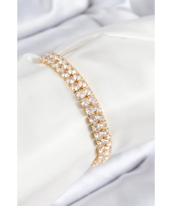 Pirinç Zirkon Taşlı Çift Sıra Kare Model Gold Renk Asansörlü Kadın Bileklik