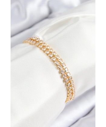 Pirinç Zirkon Taşlı Çift Sıra Model Gold Renk Asansörlü Kadın Bileklik