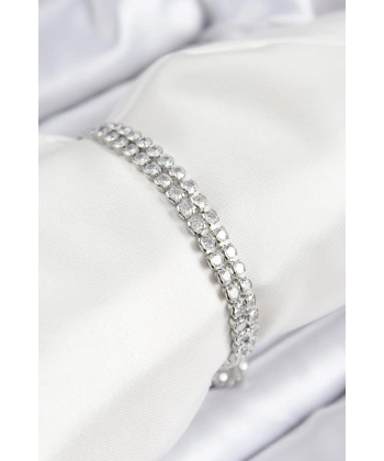 Pirinç Zirkon Taşlı Çift Sıra Model Gümüş Renk Asansörlü Kadın Bileklik