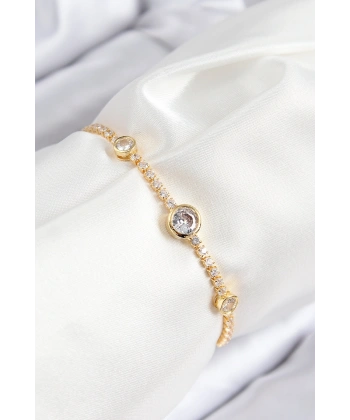 Pirinç Zirkon Taşlı Daire Model Gold Renk Asansörlü Kadın Bileklik