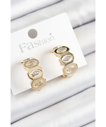 Pirinç Zirkon Taşlı Damla Figürlü Halka Model Gold Renk Kadın Küpe