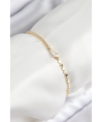 Pirinç Zirkon Taşlı Damla Model Ezme Zincir Gold Renk Kadın Bileklik