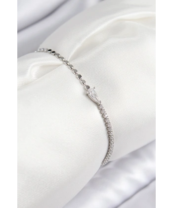 Pirinç Zirkon Taşlı Damla Model Ezme Zincir Gümüş Renk Kadın Bileklik