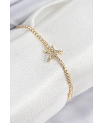 Pirinç Zirkon Taşlı Deniz Yıldızı Model Gold Renk Kadın Bileklik