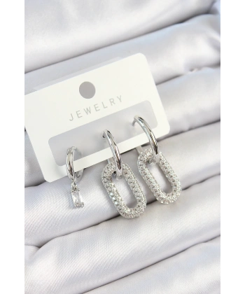 Pirinç Zirkon Taşlı Dikdörtgen Model Gümüş Renk 3lü Çift Kadın Küpe Set