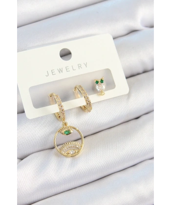 Pirinç Zirkon Taşlı Göz Ve Baykuş Model Gold Renk 3lü Çift Kadın Küpe Set