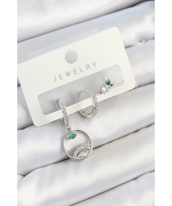 Pirinç Zirkon Taşlı Göz Ve Baykuş Model Gümüş Renk 3lü Çift Kadın Küpe Set