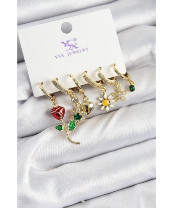 Pirinç Zİrkon Taşlı Gül Ve Papatya Model Gold Renk 3lü Çift Kadın Küpe
