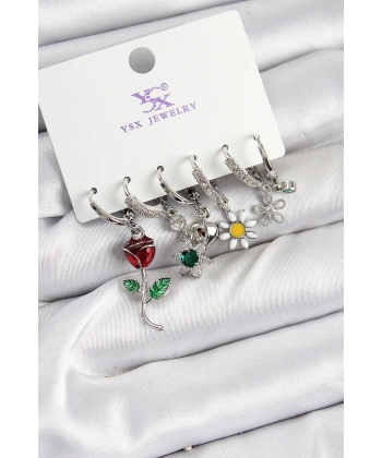 Pirinç Zİrkon Taşlı Gül Ve Papatya Model Gümüş Renk 3lü Çift Kadın Küpe
