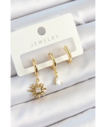 Pirinç Zirkon Taşlı Güneş Model Gold Renk 3lü Çift Kadın Küpe Set