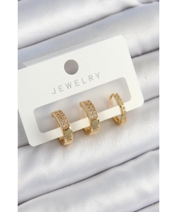 Pirinç Zirkon Taşlı Halka Model Gold Renk 3lü Çift Kadın Küpe Set