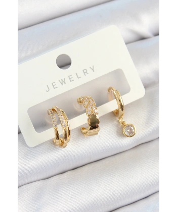 Pirinç Zirkon Taşlı Halka Model Gold Renk 3lü Çift Kadın Küpe Set