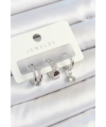 Pirinç Zirkon Taşlı Halka Model Gümüş Renk 3lü Çift Kadın Küpe Set