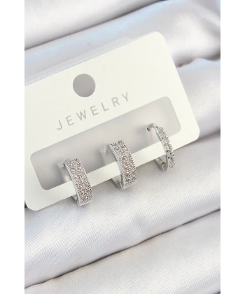 Pirinç Zirkon Taşlı Halka Model Gümüş Renk 3lü Çift Kadın Küpe Set