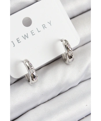 Pirinç Zirkon Taşlı Halka Model Gümüş Renk Kadın Küpe