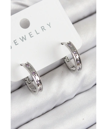 Pirinç Zirkon Taşlı Halka Model Gümüş Renk Kadın Küpe