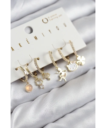Pirinç Zirkon Taşlı Hello Kity Ve Yonca Model Gold Renk 6lı Küpe Set