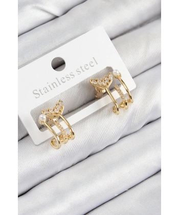 Pirinç Zirkon Taşlı İnci Detaylı Balık Kuyruğu Model Gold Renk Kadın Küpe