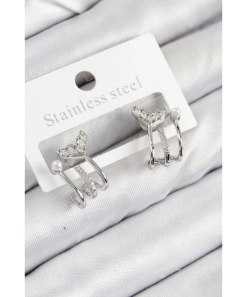 Pirinç Zirkon Taşlı İnci Detaylı Balık Kuyruğu Model Gümüş Renk Kadın Küpe