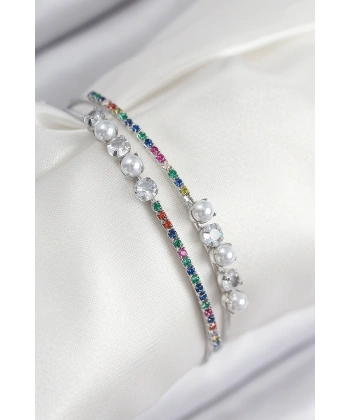 Pirinç Zirkon Taşlı İnci Model Gümüş Renk Kadın Bileklik