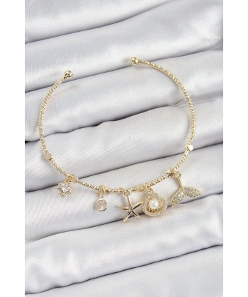 Pirinç Zirkon Taşlı İstiridye Ve Deniz Yıldızı Model Gold Renk Charm Bileklik