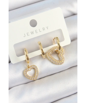 Pirinç Zirkon Taşlı Kalp Model Gold Renk 3lü Çift Kadın Küpe Set