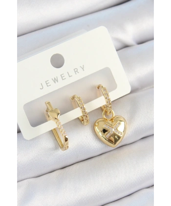 Pirinç Zirkon Taşlı Kalp Model Gold Renk 3lü Çift Kadın Küpe Set