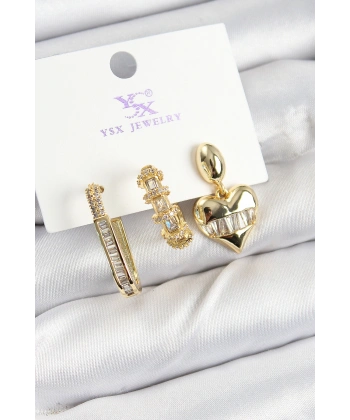 Pirinç Zİrkon Taşlı Kalp Model Gold Renk 3lü Kadın Küpe