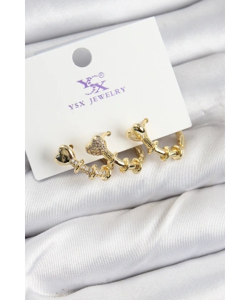 Pirinç Zİrkon Taşlı Kalp Model Gold Renk 3lü Kadın Küpe