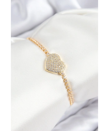 Pirinç Zirkon Taşlı Kalp Model Gold Renk Asansörlü Kadın Bileklik
