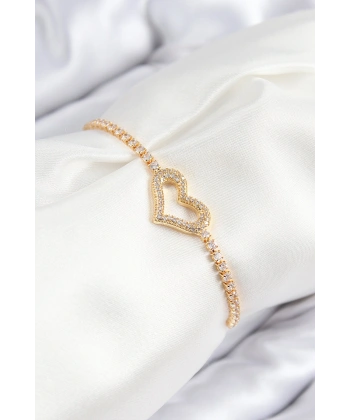 Pirinç Zirkon Taşlı Kalp Model Gold Renk Asansörlü Kadın Bileklik